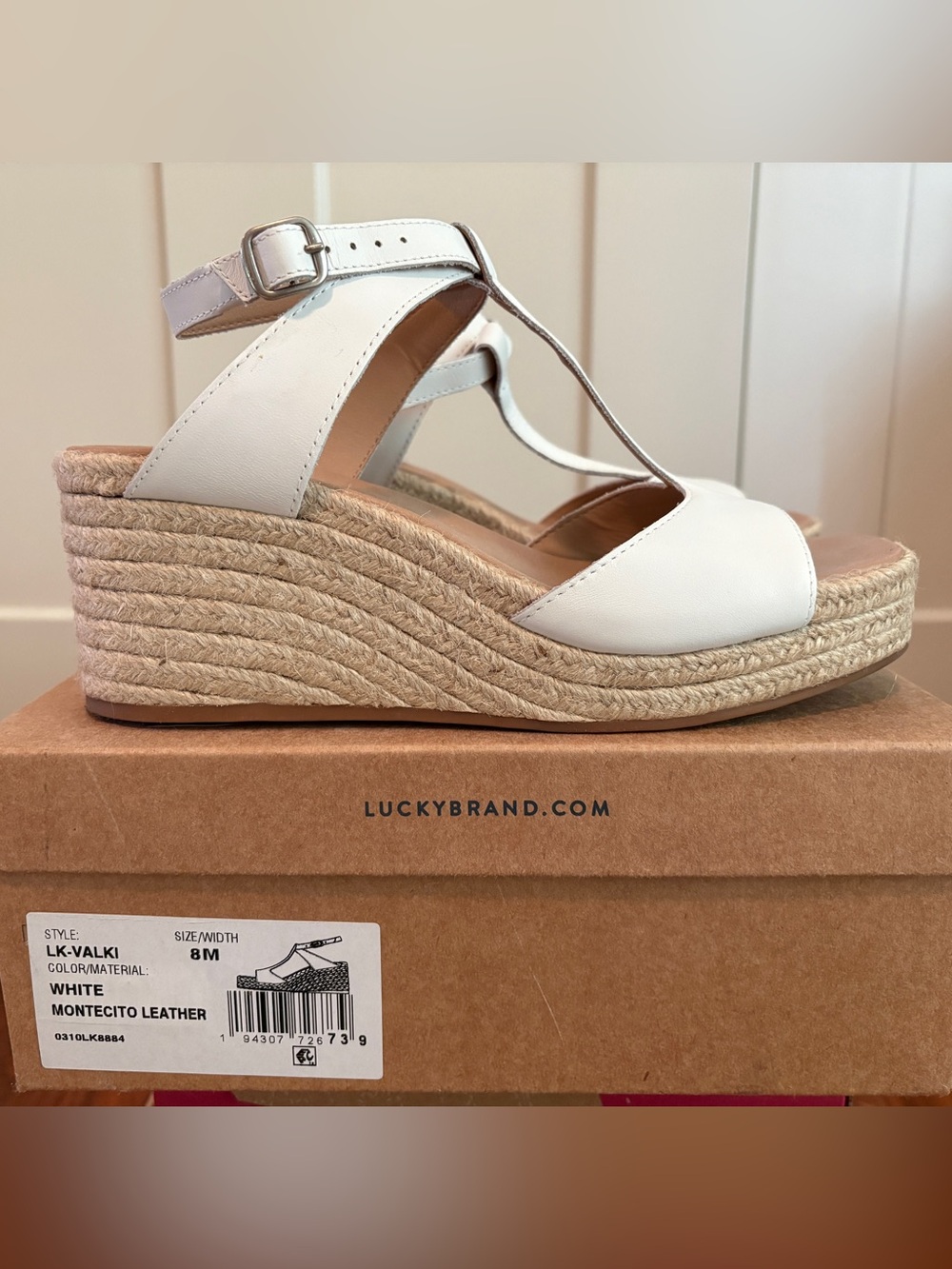 Lucky Brand LK-Valki White Leather Espadrille Wedge Sandals